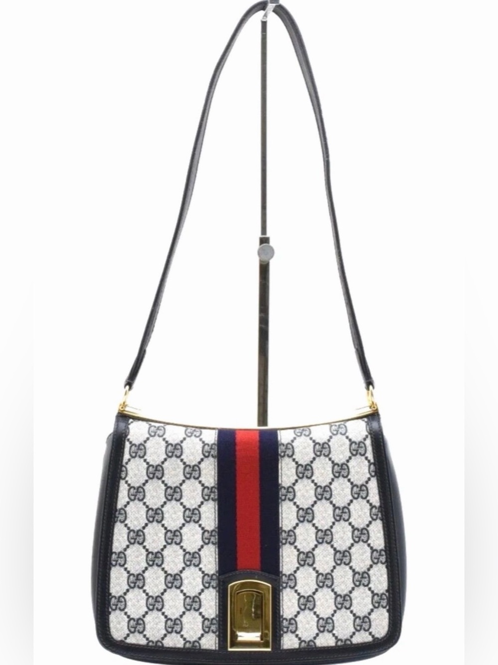 Gucci GG Supreme Canvas Shoulder Bag with Red and Navy Web Stripe Rare Vintage - Picture 2 of 12